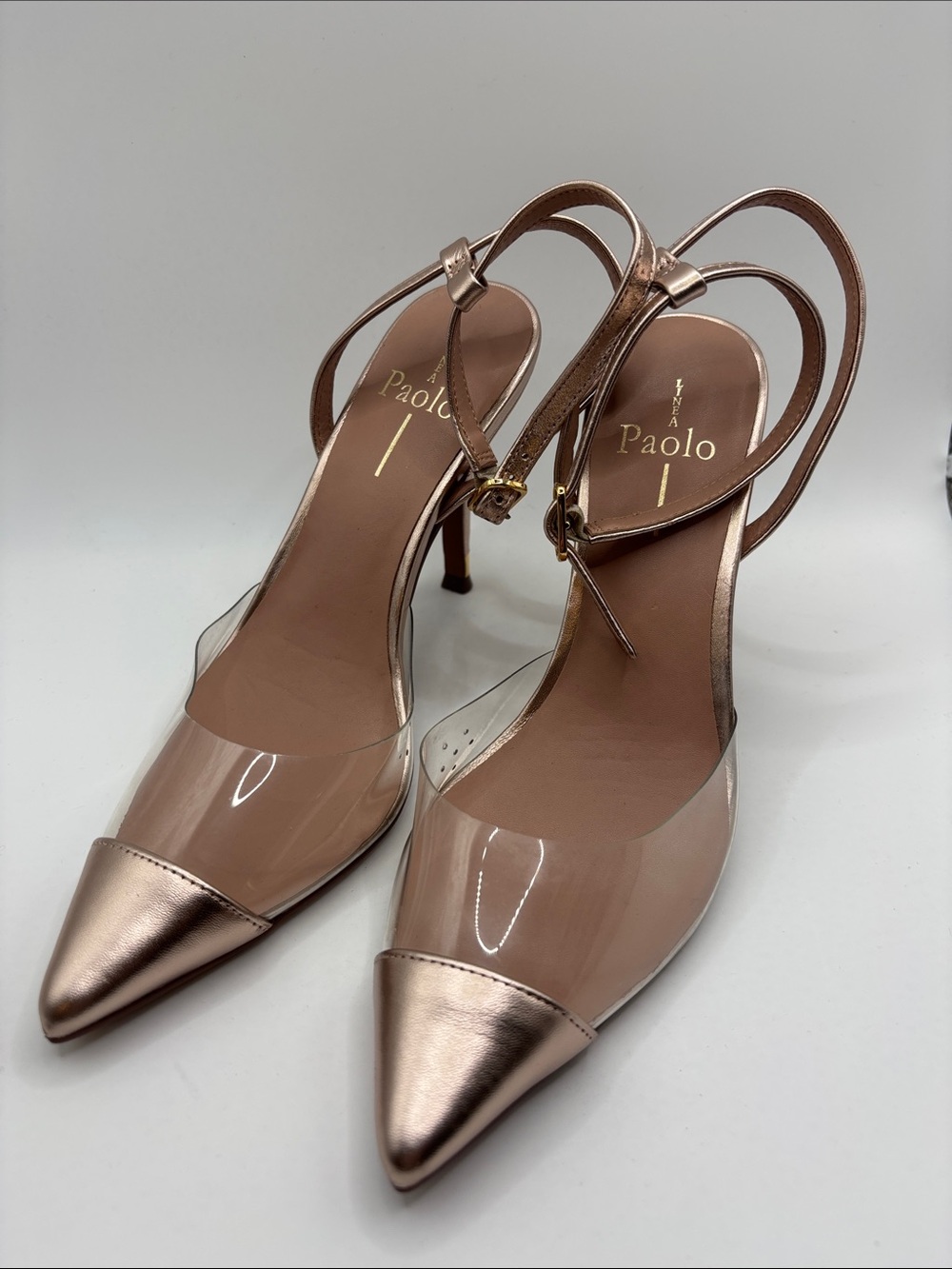 Paolo Rose Gold Pointed-Toe Slingback Heels with Clear Upper